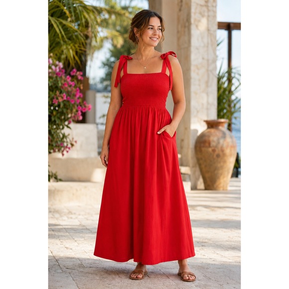 Abercrombie & Fitch Dresses & Skirts - A&F Womens L Red Tie Shoulder Smocked Maxi Dress NWT Wedding Shower Guest Brunch